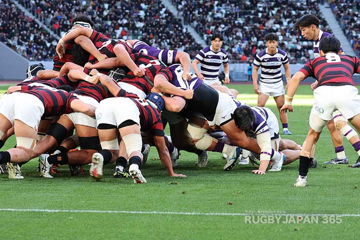スクラムでプレッシャーをかける明治